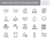 istock Water line icons. Vector illustration include icon outline plastic bottle, sea waves, water well, typhoon, tsunami, sunset, tornado pictogram for aqua resources. 64x64 Pixel Perfect Editable Stroke 1303640632