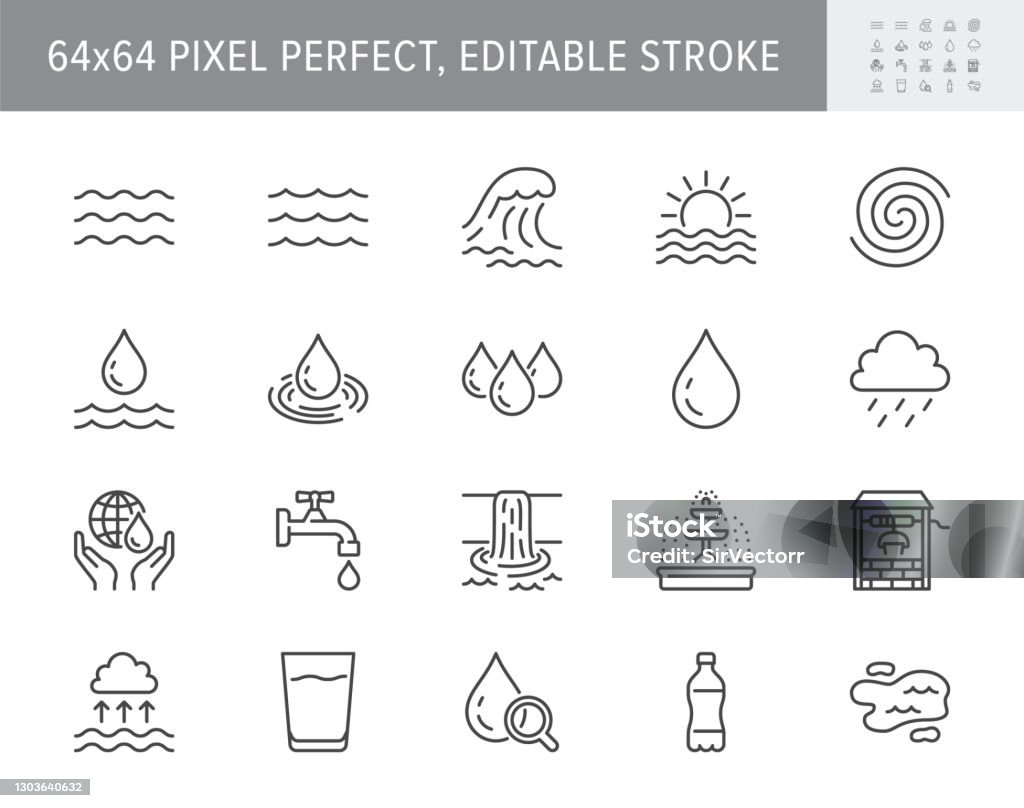 Water line icons. Vector illustration include icon outline plastic bottle, sea waves, water well, typhoon, tsunami, sunset, tornado pictogram for aqua resources. 64x64 Pixel Perfect Editable Stroke Water line icons. Vector illustration include icon outline plastic bottle, sea waves, water well, typhoon, tsunami, sunset, tornado pictogram for aqua resources. 64x64 Pixel Perfect Editable Stroke. Icon stock vector