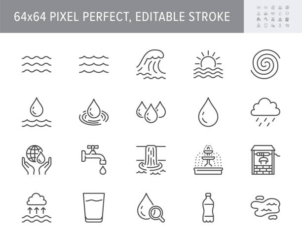 Water line icons. Vector illustration include icon outline plastic bottle, sea waves, water well, typhoon, tsunami, sunset, tornado pictogram for aqua resources. 64x64 Pixel Perfect Editable Stroke Water line icons. Vector illustration include icon outline plastic bottle, sea waves, water well, typhoon, tsunami, sunset, tornado pictogram for aqua resources. 64x64 Pixel Perfect Editable Stroke. wet bottle stock illustrations