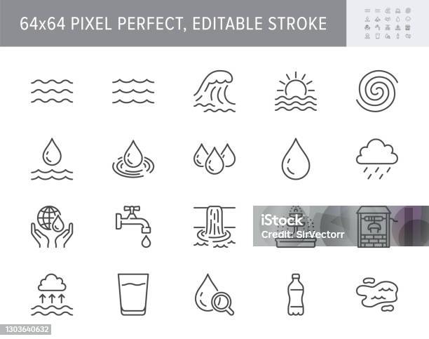 Water Line Icons Vector Illustration Include Icon Outline Plastic Bottle Sea Waves Water Well Typhoon Tsunami Sunset Tornado Pictogram For Aqua Resources 64x64 Pixel Perfect Editable Stroke Stock Illustration - Download Image Now