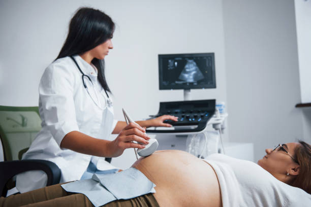 Female doctor does ultrasound for a pregnant woman in the hospital stock photo