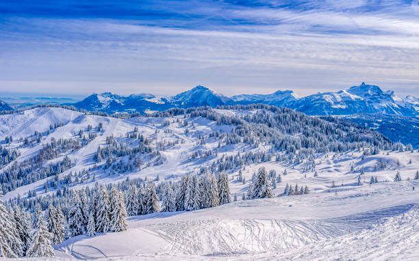Panoramic view on winter ski resort of Les Gets in winter with view on the French alps and the Mont Blanc