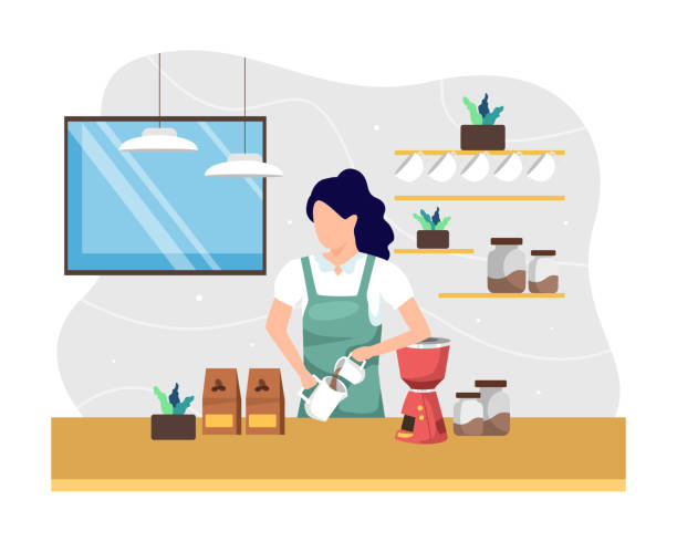 Female barista making coffee Female worker working as barista coffee shop. Manual brew coffee, Young women as barista pouring and processing coffee preparations. Vector illustration in a flat style barista stock illustrations