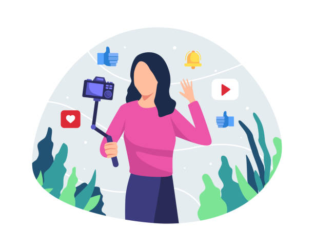 Young woman vlogger Young woman blogger or vlongger looking at camera and talking on video shooting. Vlogger record vlog streaming video, Creating video for blog or vlog. Vector in a flat style influencer stock illustrations