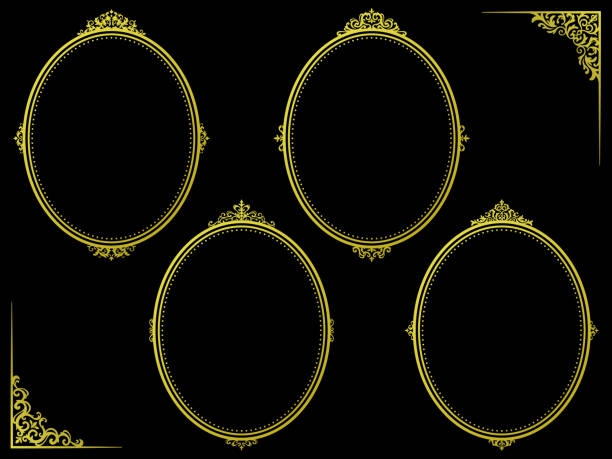 A set of golden oval frames with  European style decorative ornaments A set of golden oval frames with ornate European classic style decorations mirror object borders stock illustrations