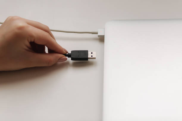 istock Female hand put USB adapter to copy file by laptop 1303646801