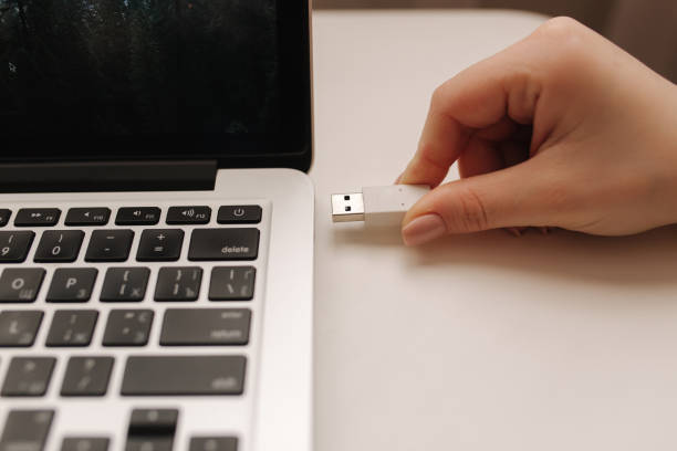 istock Female hand put USB adapter to copy file by laptop 1303646819