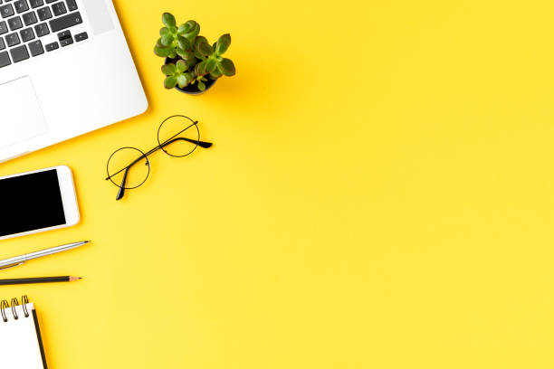 istock Office desktop with laptop and business accessories. Elegant workspace 1303647505