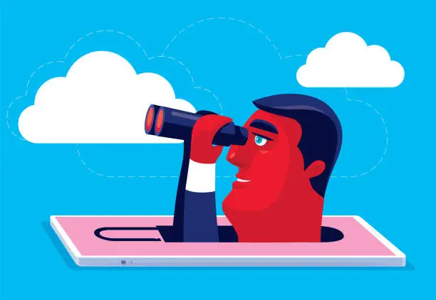 Vector illustration of man searching with binoculars and smartphone