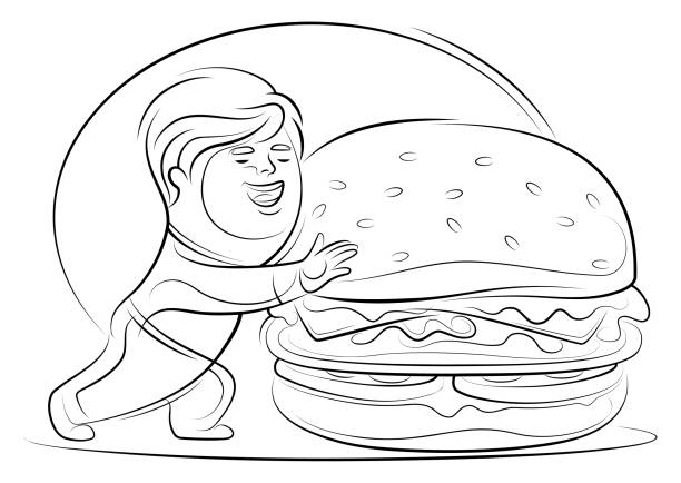 bildbanksillustrationer, clip art samt tecknat material och ikoner med glad pojke kramar stora hamburgare linje ritning - cafe buns eating