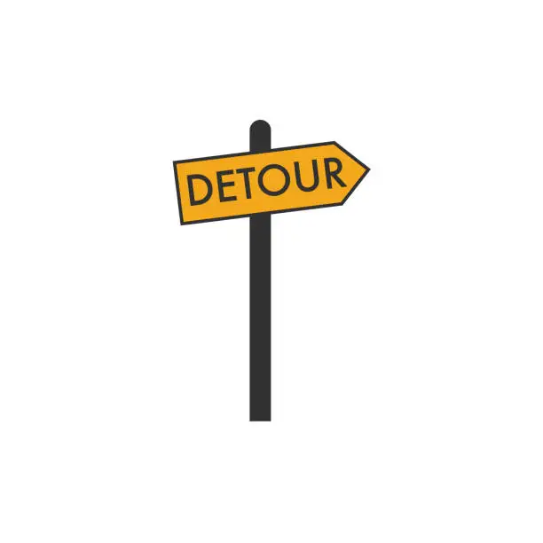 Vector illustration of Vector illustration of the Detour right Arrow yellow road sign on black post. Stock Vector illustration isolated on white background.