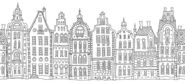 Architectural seamless border pattern. Black and white doodle Fantasy landscape.Fairy tale Dutch houses panorama, old medieval European town street. Hand drawn sketch, travel brochure, web site banner Architectural seamless border pattern. Black and white doodle Fantasy landscape.Fairy tale Dutch houses panorama, old medieval European town street. Hand drawn sketch, travel brochure, web site banner dutch baroque architecture stock illustrations