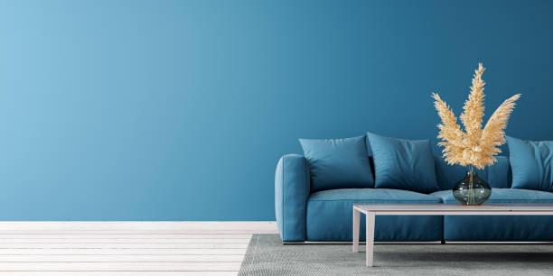diseño moderno de la sala de estar con pared simulada azul vacía y sofá azul - living room blue sofa carpet fotografías e imágenes de stock