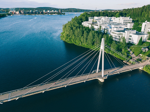 Aerial view of Ylistö bridge over lake river to Campus area in Jyväskylä, Finland.