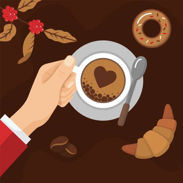 ilustrações de stock, clip art, desenhos animados e ícones de top view of female hand with coffee cup - coffee top view