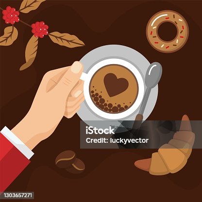 istock Top view of female hand with coffee cup 1303657271