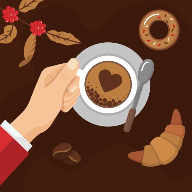 Top view of female hand with coffee cup Top view of female hand with coffee cup. Breakfast, coffee break concept. Croissant and cappuccino drink poster, banner, card, cover design flat vector illustration baked pastry item stock illustrations