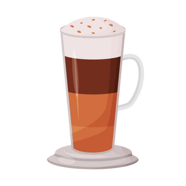 ilustraciones, imágenes clip art, dibujos animados e iconos de stock de ilustración vectorial de dibujos animados de café en capas. mocha objeto de color plano. postre bebida dulce con cobertura. menú de cócteles de cafeína. macchiato de caramelo. frappuccino aislado sobre fondo blanco - latté cafe macchiato cappuccino cocoa