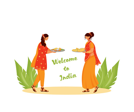 Indian women wearing sari flat color vector faceless characters. Welcome to India, females with traditional meals isolated cartoon illustration for web graphic design and animation