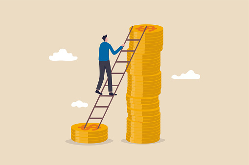 Wage, income or salary increase, investment profit rising up, wealth management for higher return concept, success businessman investor climbing up ladder from low dollar money stack to the higher one