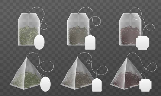 ilustrações de stock, clip art, desenhos animados e ícones de tea bags mockup. realistic disposable beverage infuser bags and pyramids sachet with blank labels, black and green dry leaves different types collection. vector 3d isolated set - teabag label blank isolated