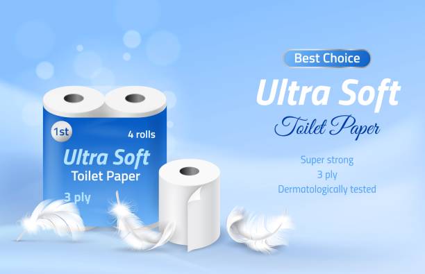 Toilet paper roll. Realistic white disposable soft towel and feather. Cellophane packaging with copy space. Napkin for intimate hygiene. Advertising banner template vector toiletry Toilet paper roll. Realistic white disposable soft towel and feather. Blue cellophane packaging with copy space. Napkin for body intimate hygiene. Advertising web banner template vector toiletry paper towel stock illustrations