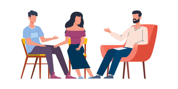 ilustrações de stock, clip art, desenhos animados e ícones de men and women talking to psychotherapist. group and family therapy, husband and wife talk to psychologist. psychoanalysis and psychotherapy, mental problems counseling vector illustration - family sofa vector illustration and painting