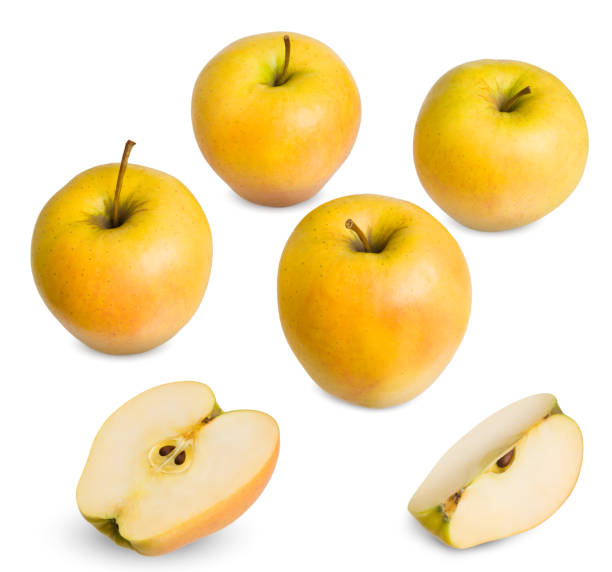 istock Golden delicious apples isolated with cuts slices isolated on white background. 1303660031