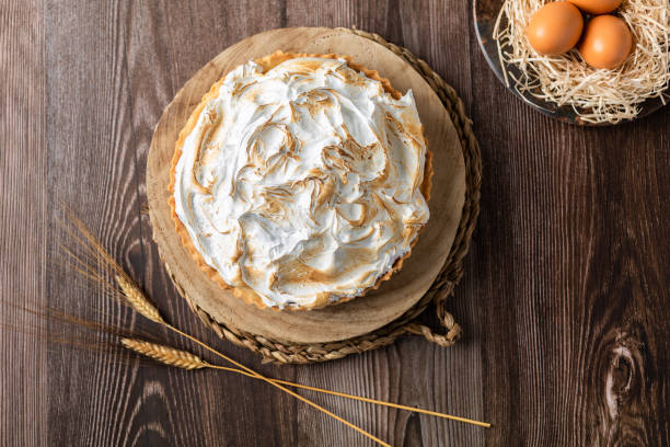 istock Lemon pie on top of log and wooden table. zenithal view 1303660195
