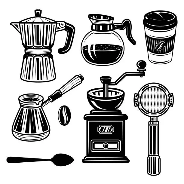 Vector illustration of Coffee set of vector objects and elements in monochrome vintage style isolated on white background