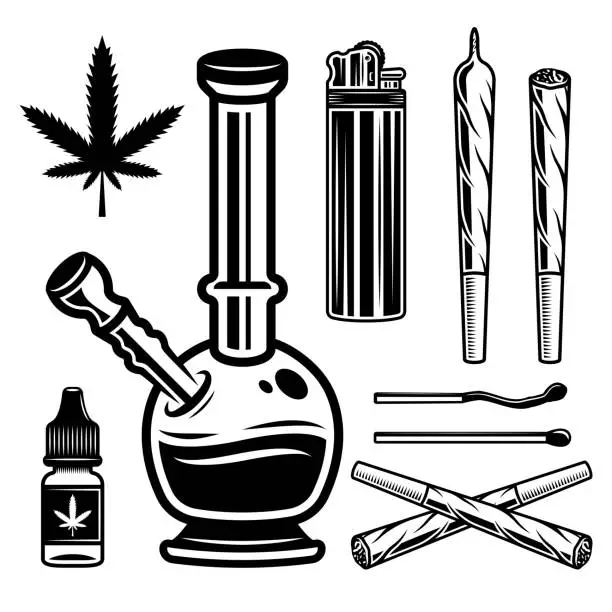 Vector illustration of Marijuana set of vector objects in vintage black and white style. Bong, hemp leaf, spliff, lighter and other smoking tools