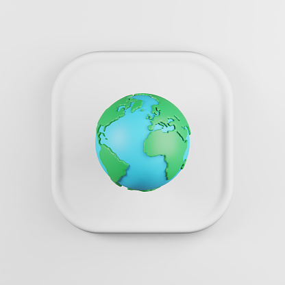 Globe icon cartoon style. 3d rendering white square key button, interface ui ux element