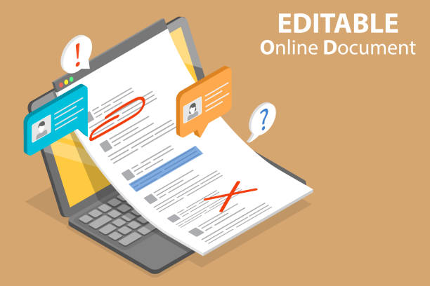 3d isometrische flache vektor konzeptuelle illustration von bearbeitbaren online-dokument. - content informationsmedium stock-grafiken, -clipart, -cartoons und -symbole