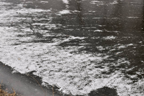 istock Frozen dark pond with white hoarfrost. 1303663710