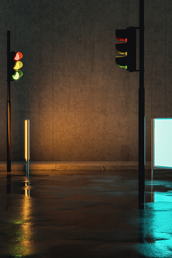 3d rendering of street asphalt with puddles and traffic lights at night