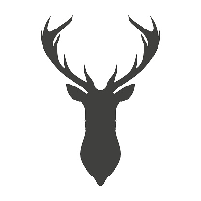 Dark grey silhouette of a deer head and antlers icon. Template logo design. Vector illustration