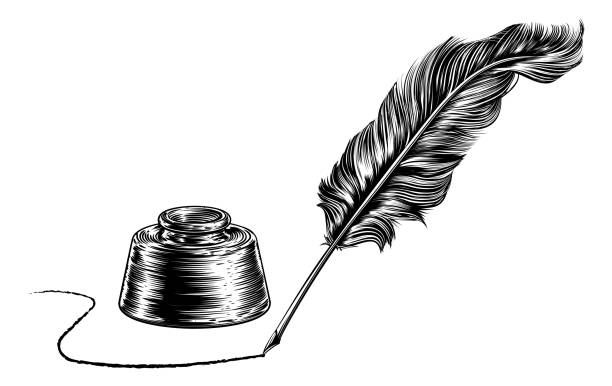 ilustraciones, imágenes clip art, dibujos animados e iconos de stock de escritura pluma pluma pluma y tintero - cerda