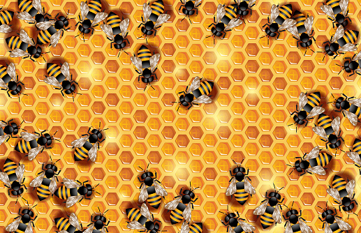 Vector illustration of swarm working bees crawling on a honeycomb