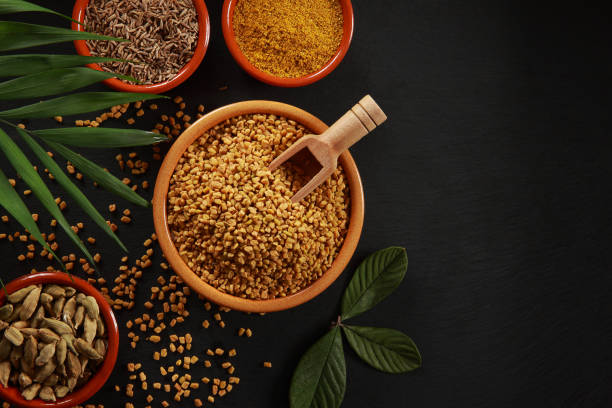 semi di fieno greco - spice kitchen utensil herb curry powder foto e immagini stock