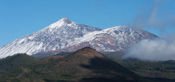 istock Pico del Teide mountain volcano in snow, bright blue sky 1303668331
