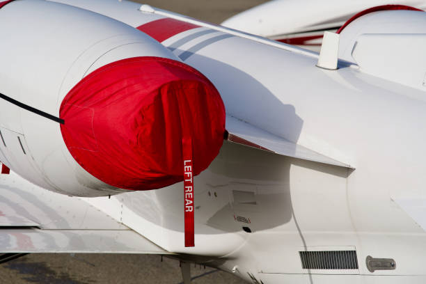 istock Red cover for flight engine left rear, Kloten, Switzerland. 1303669558