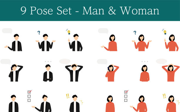 ilustrações de stock, clip art, desenhos animados e ícones de japanese men and women pose illustration set - problema ilustrações