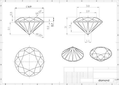 3d renderings of diamond above engineering drawing