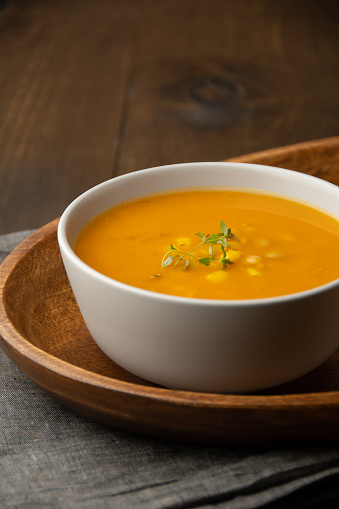 Three Sisters Soup (Winter Squash, Corn and Bean Soup) - a soup with Native American Indian origins based on the trio of crops that were grown together. Copy and logo space included.