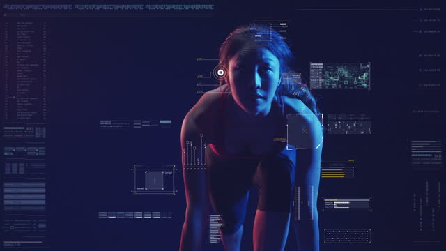 Asian runner woman using smart watch tracking information data sport health body score graph chart data analysis, 3D presentation futuristic hi tech digital technology future healthy lifestyle.