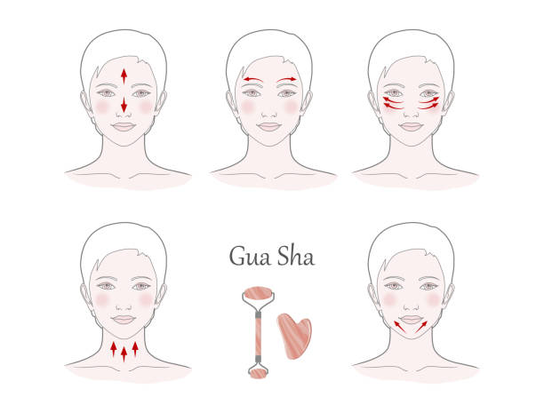stockillustraties, clipart, cartoons en iconen met chinese massage met gua sha stenen. lijnen van massage op het gezicht, vectorillustratie - gezichtsmassage