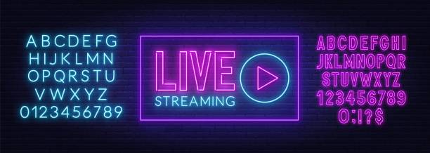 illustrazioni stock, clip art, cartoni animati e icone di tendenza di cartello al neon in diretta streaming su uno sfondo di muro di mattoni. - computer icon banner placard internet