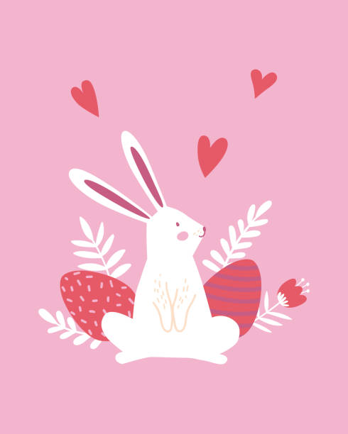 wesoły plakat wielkanocny, nadruk, kartka z życzeniami lub baner z jajkami, białe króliczki lub króliki, wiosenne kwiaty, rośliny i serce na różowym tle. wektor ręcznie rysowane ilustracji. - heart shape pink background cartoon vector stock illustrations