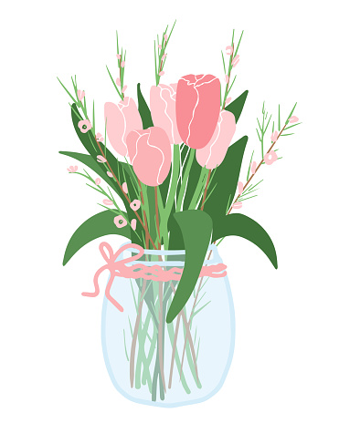 Beautiful pink tulips bouquet in vase. Bright and simple. Isolated on white background. Vector.