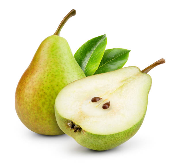 istock Pears isolated. One and a half green pear fruit with leaf on white background. Pear slice. With clipping path. Full depth of field. 1303673646